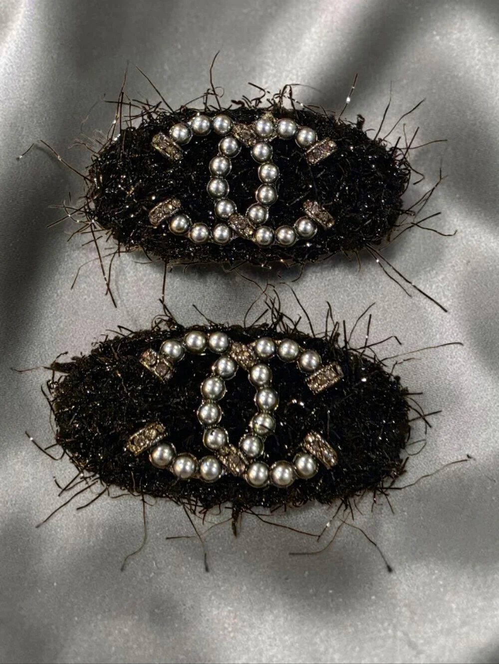 Black Metallic Tweed And Pearl Hair Clips